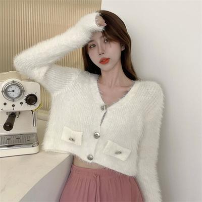 Autumn Korean Edition Cardigan Female Wind Plush Short Sweater Small Coat Long Sleeve V-Neck Knitted Cardigan Sweater Women