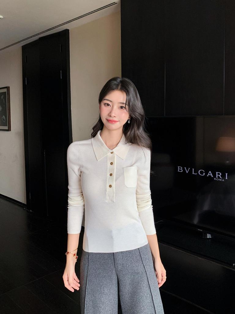 2025 Autumn Women's Fine Knit Wool Polo Collar Sweater, Half-Buttoned, Slimming Fit