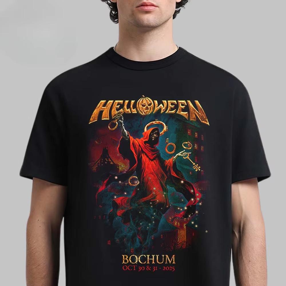 Helloween 2025 Europe Tour Hooded Wizard Poster Print Tee Power Metal Band Streetwear Casual Unisex Top with Full Show Dates