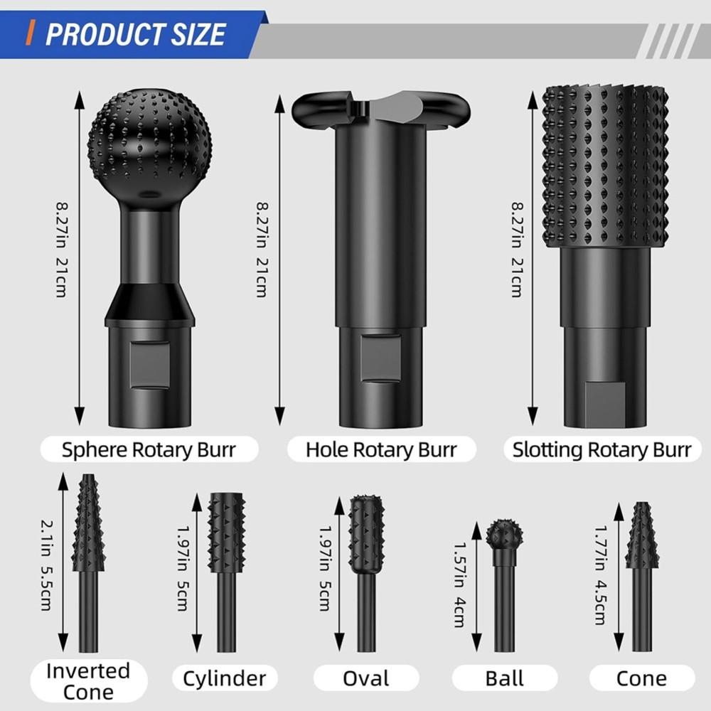 B97A-Rotary Burr& Rasp Set-8Pcs Ball Gouge In 3-PC 5/8-11 Sphere& 5-PC 1/4" Hex Shank For Wood For Angle Grinder& Drill