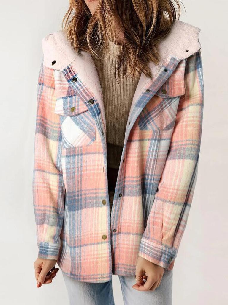 Fall Winter Women's Plaid Jacket Long Sleeve Hooded Cozy Coat with Pockets