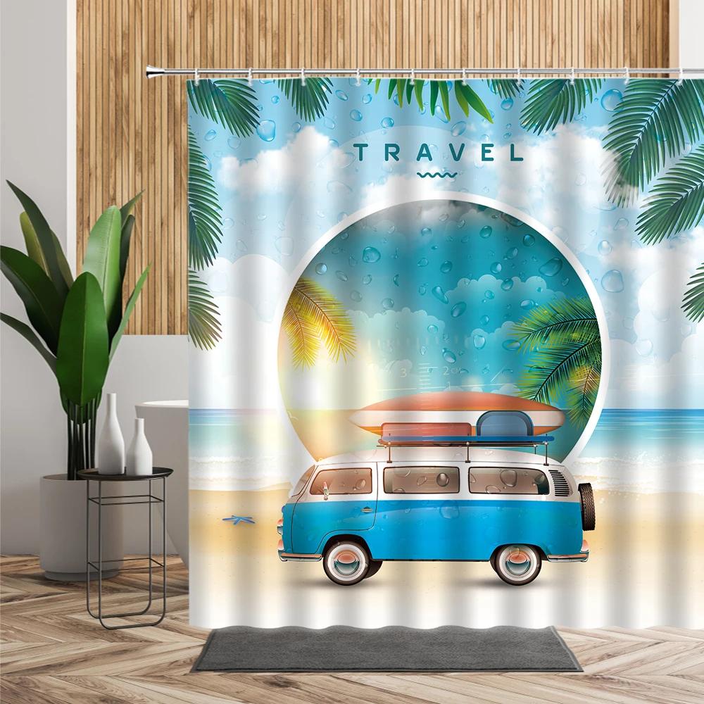 Forest Camping Poster Shower Curtain Camper Car Woods Bathroom Bath Decors Outdoor Landscape Backdrop Cloth 3D Room Curtains Set