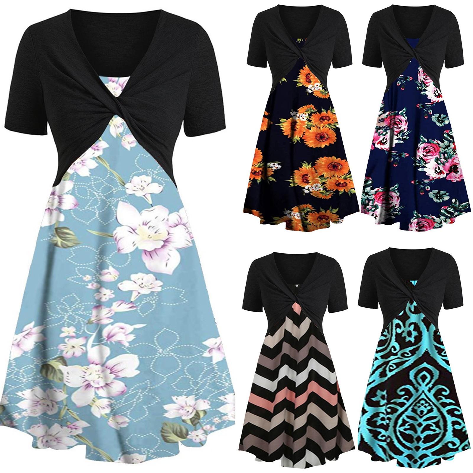 

Модное женское платье из двух частей с круглым вырезом и цветочным принтом с короткими рукавами