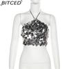 BITCED Summer Women's Fashion Sexy Halterneck Backless Sequinned Crop Top