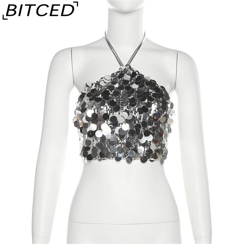 BITCED Summer Women's Fashion Sexy Halterneck Backless Sequinned Crop Top