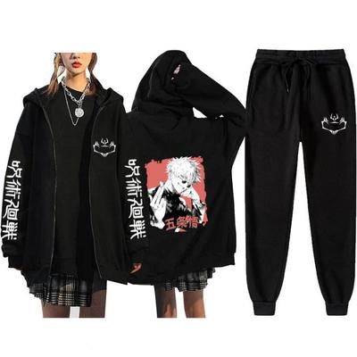 Unisex Winter Casual Sport Set With Anime Print Hooded Zip-Up Sweatshirt Jogger Pants Cotton Blend