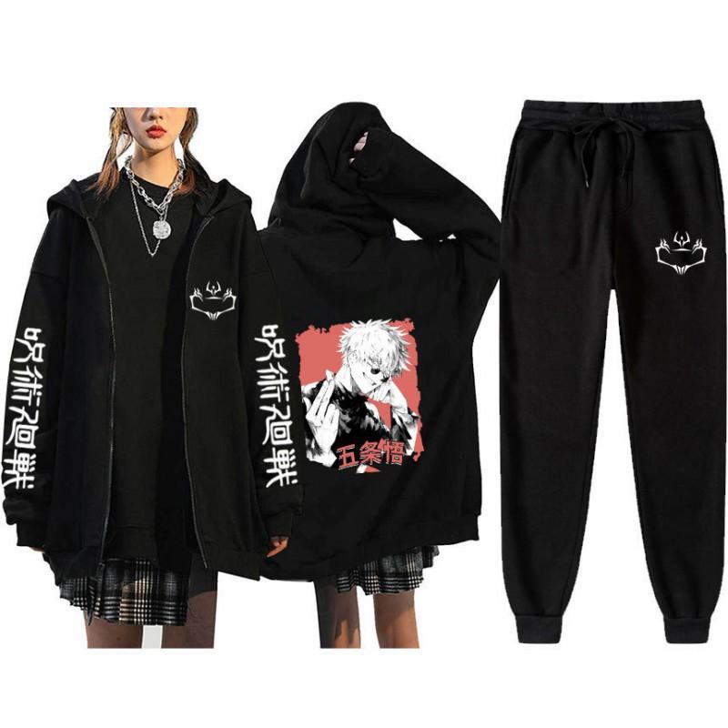 Unisex Winter Casual Sport Set With Anime Print Hooded Zip-Up Sweatshirt Jogger Pants Cotton Blend