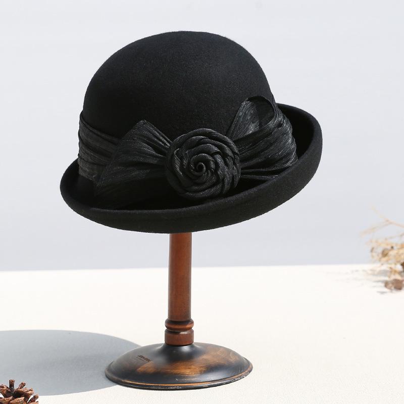 Женская ретро-беретка из шерстяного фетра - Элегантная короткополая шляпа из шелка и льна с подвернутым краем M Size