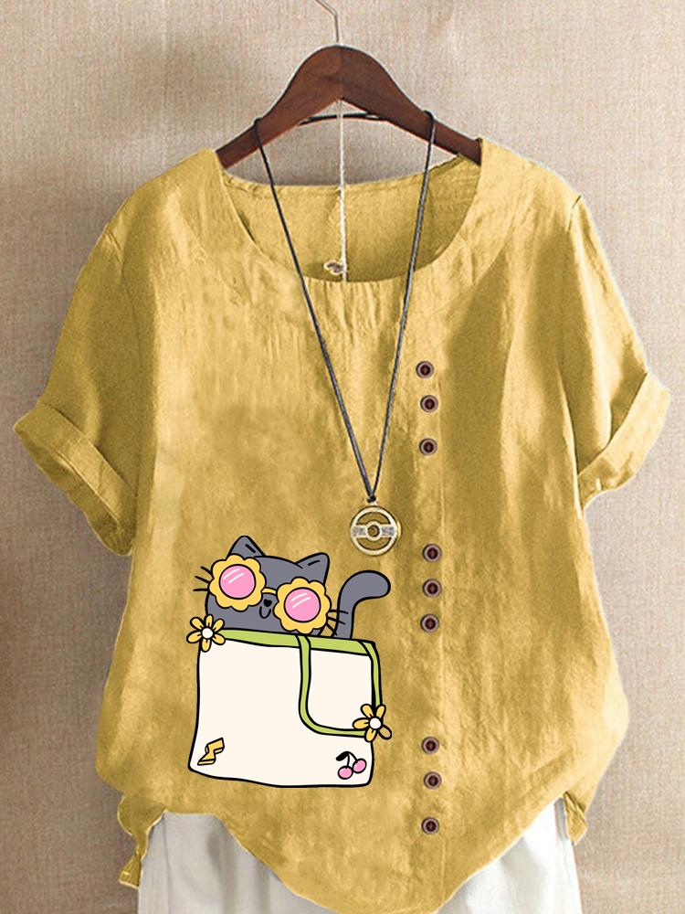 Women's Fashion Cat Print Casual Cotton Linen Short Sleeve Round Neck T-shirt Shirt Leisure Loose Summer Blouse Tops