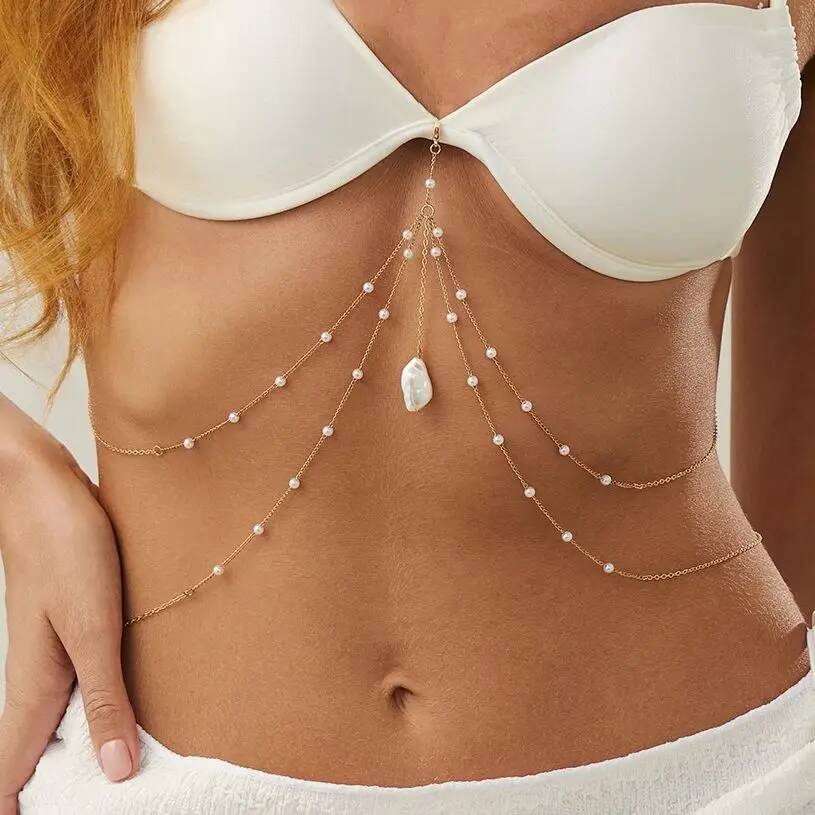 SHIXIN Aesthetic Multilayer Imitation Pearl Chest Chain Belly Waist Chain For Women Boho Summer Beach Sexy Bikini Body Jewelry