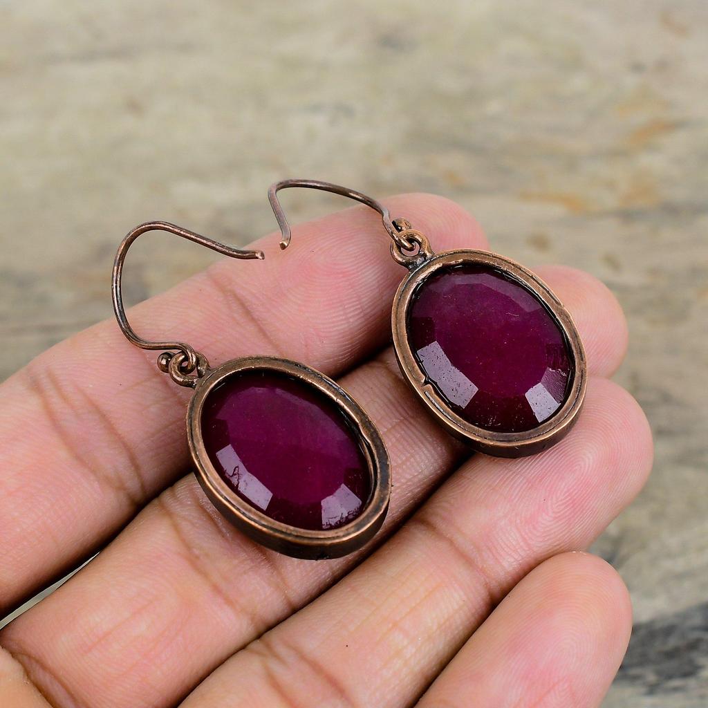 Facettierter Kaschmir-Rubin Ohrring Elektrogeformte Kupferohrringe Damenohrring Edelstein Kupferschmuck Handgefertigt Einzigartiger Stil Ohrring Geschenke für Sie