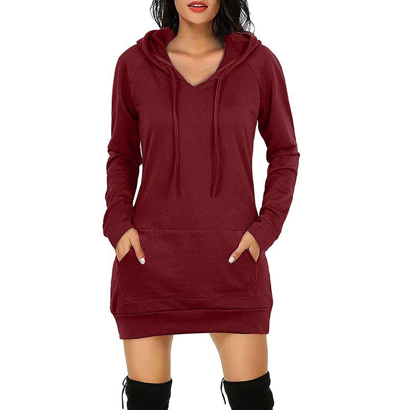 

Fashion European and American Style Solid Color Pocket Loose Drawstring Sweater Dress Red 2XL