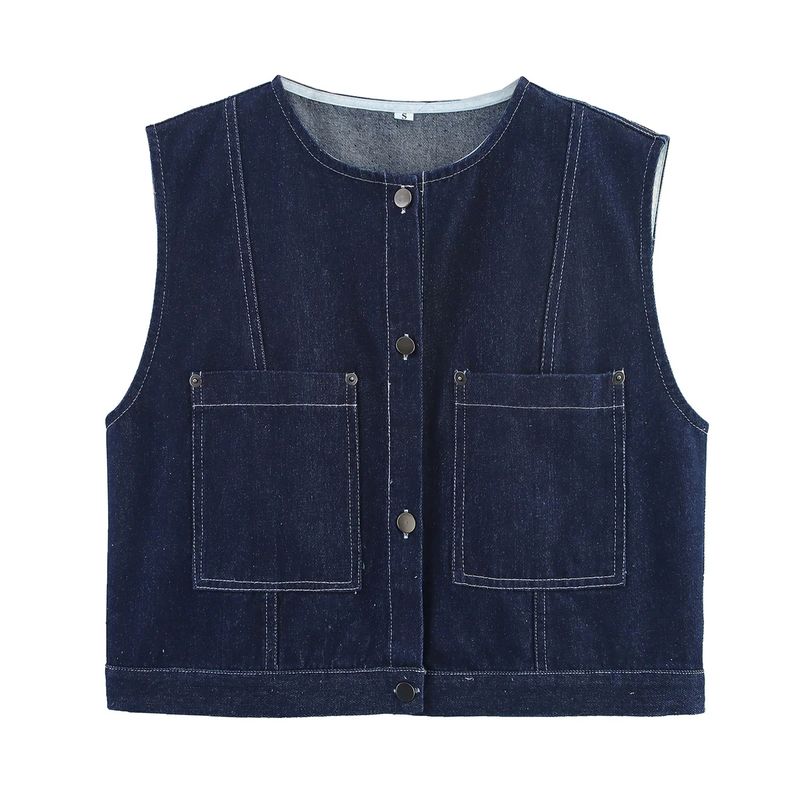 Summer New Women clothes French style Minimalist round Neck Sleeveless Single-Breasted Short Denim Vest Vest Top