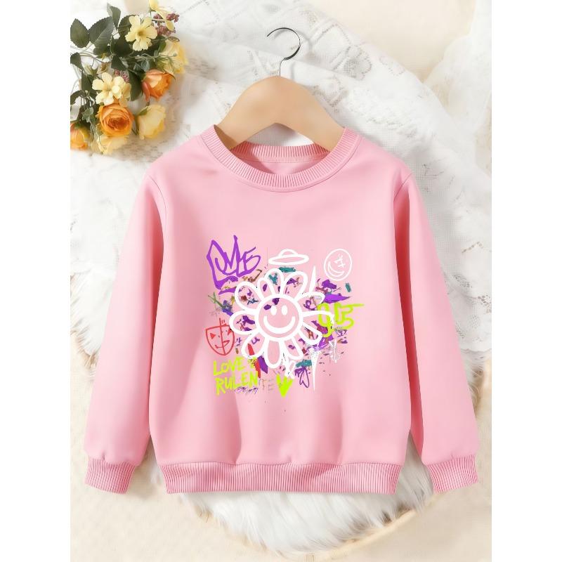 Unisex Kids Crewneck Sweatshirt, Graffiti Smiley Daisy Love Rule Print Pullover, Boys Girls Street Style Casual Sweatshirt For Kids Over 4 Years Old