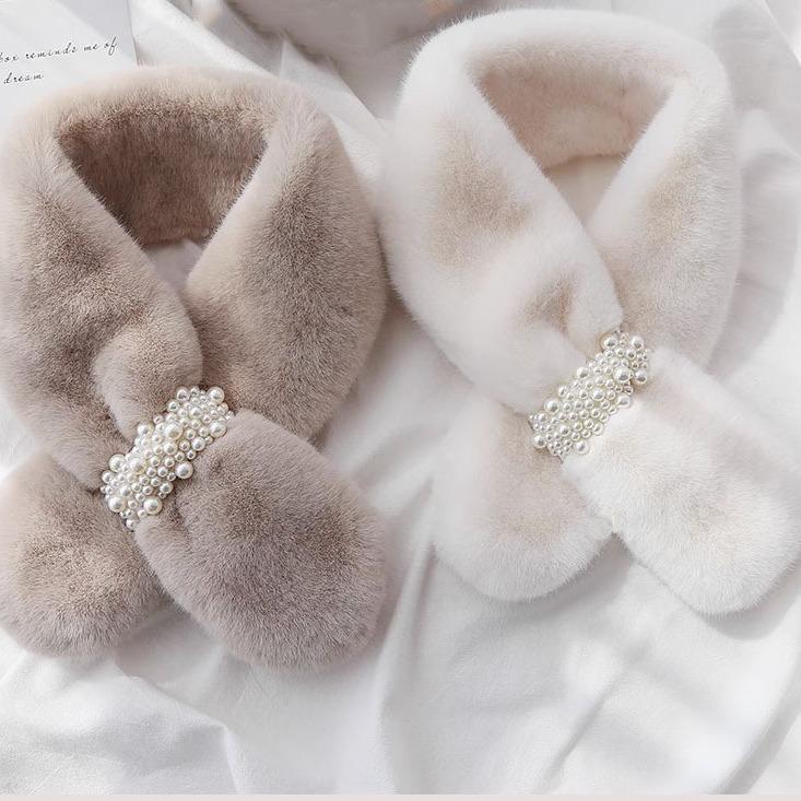 Korean Style Thickened Warm Plush Pearl Scarf - Autumn & Winter Cross Neck Warmer for Girls