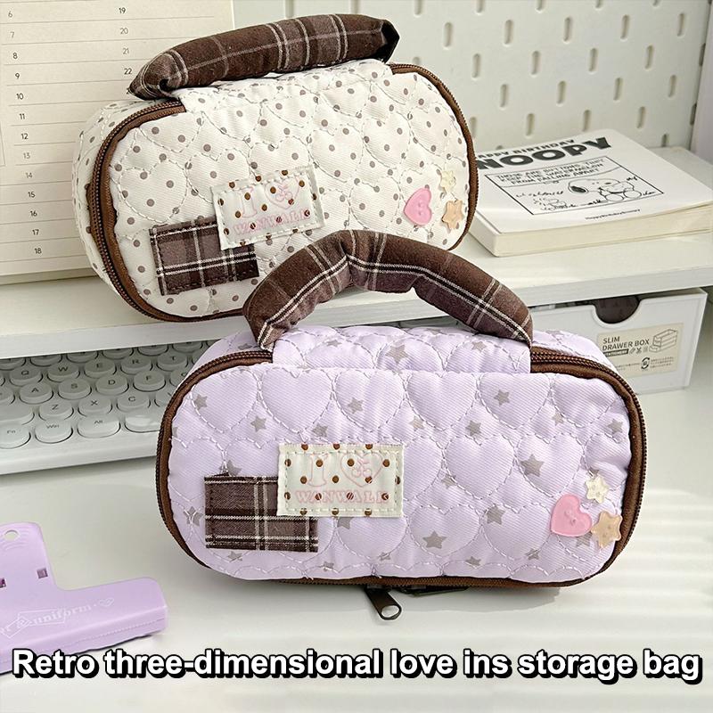 1PC Vintage Handheld Pen Bag Love Polka Dot Pencil Case Large Capacity Student Stationery Bag