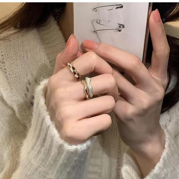 Enamel Checkerboard Ring Set, Irregular Mountain Peak, High Value, Niche, Unique Design, Personalized Open Index Finger Ring