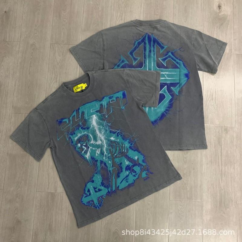 Unisex Oversized Box Fit Cotton Tee With Embroidered Rhinestone Washed Print Round Neck Short Sleeve Casual Top