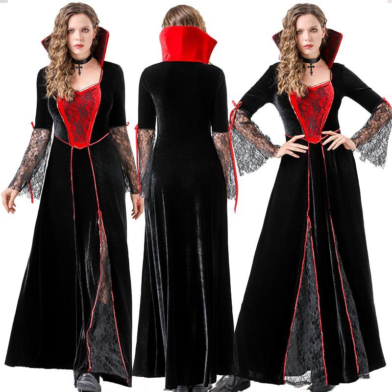 Womens Halloween Costume Vampire Witch Queen Dress Cosplay Outfit Black Gothic Fantasy Role Play