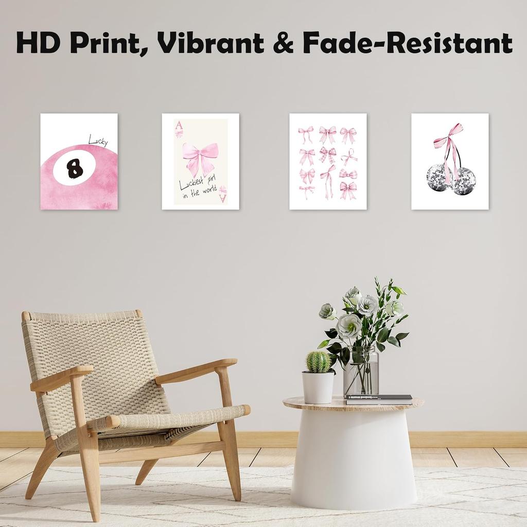Set Of 4 Coquette Bow Print Poster - 8 x 10 Inch Pink Bow Disco 8 Ball Cherry Wall Painting Poster For Teen Girls- Preppy Room Decor Aesthetic Wall