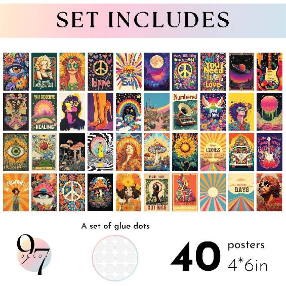 97 Decor Hippie Room Decor For Bedroom Aesthetic - 40 Pcs Boho Hippie Wall Art, 70s Decor For Home, Retro Wall Art Prints, Groovy Pictures Hippy