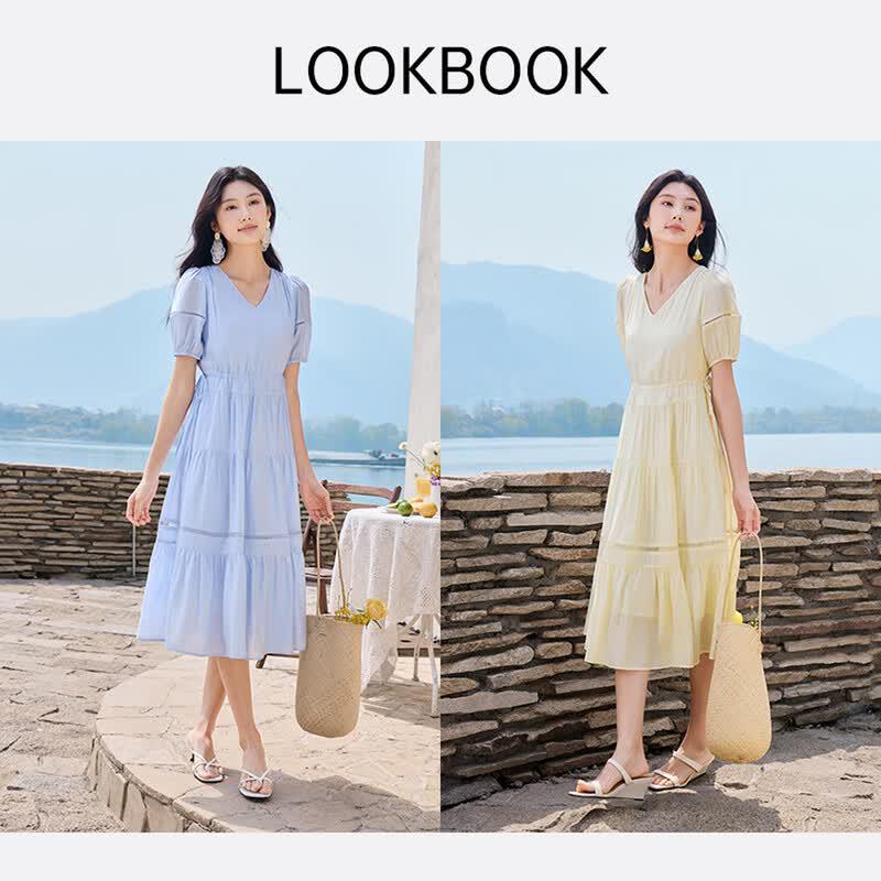 Xiangying Women's V-Neck Puff Sleeve Dress