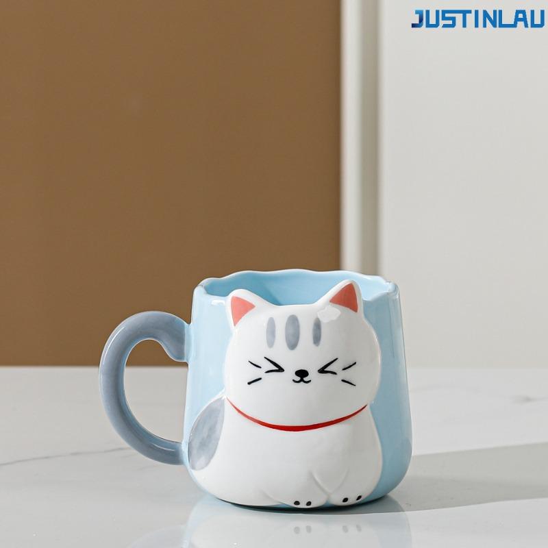 Cartoon Cute Cat Mug Relief Ceramic Cup with Lid Spoon Japanese Style Coffee Cup Color Glazed Cup Ceramic Mug Tea Cup 500ML