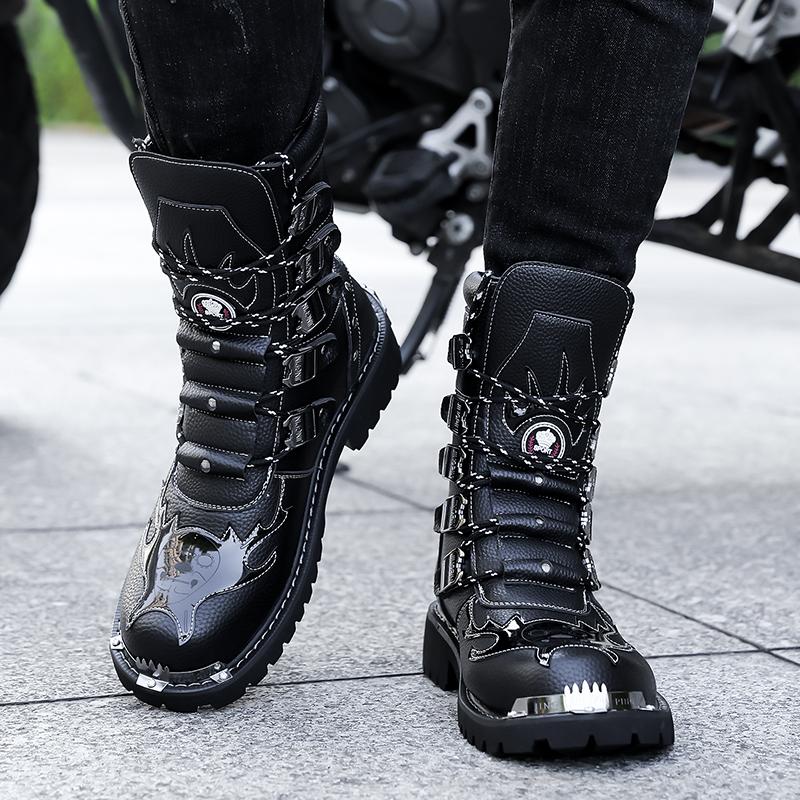 Stivali da Motociclista da Uomo Stivali Western Stivali da Jockey Neri Stile Streetwear Casuale Stivaletti Cool Taglie Forti
