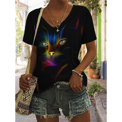 Design Sense Nowość Wiosna i Lato Wzór Drukowany 3D Wygodny Luźny T-shirt Damski z Dekoltem V i Krótkim Rękawem