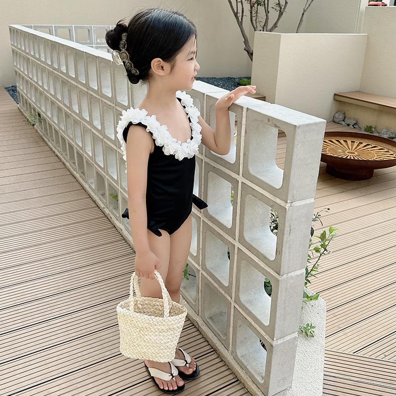 2025 Preppy Style White Lace One-Piece Swimsuit for Kids - Summer Beachwear