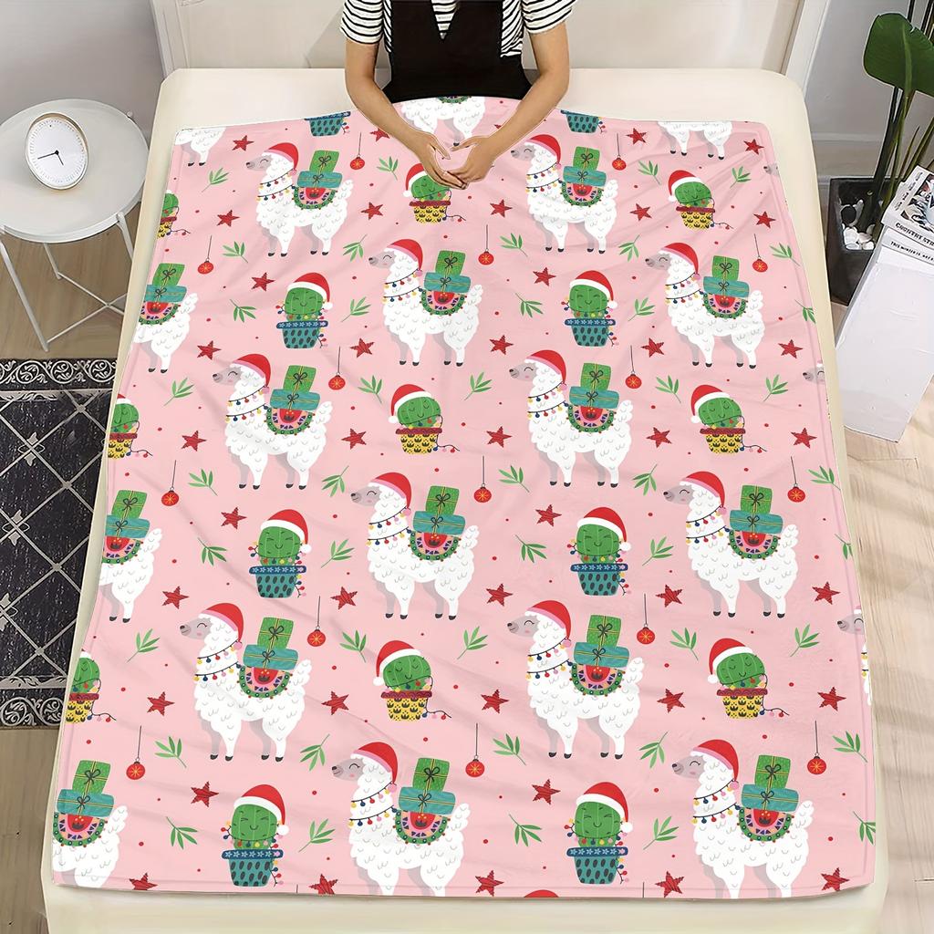Christmas Llama & Cactus Digital Print Flannel Throw Blanket - Soft Warm Fleece Blanket for Sofa, Home, Office, Napping, Travel
