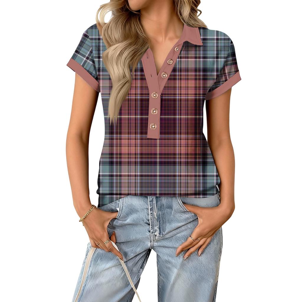 Damen modisches und lässiges Sommer V-Ausschnitt Patchwork Kurzarm Karoprint Top