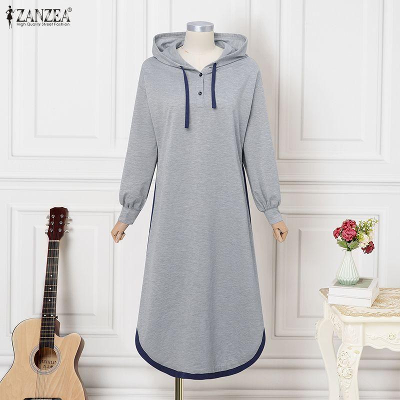 ZANZEA Herbst Damen Langarm Freizeit Dünn Mit Kapuze Pullover Langes Kleid