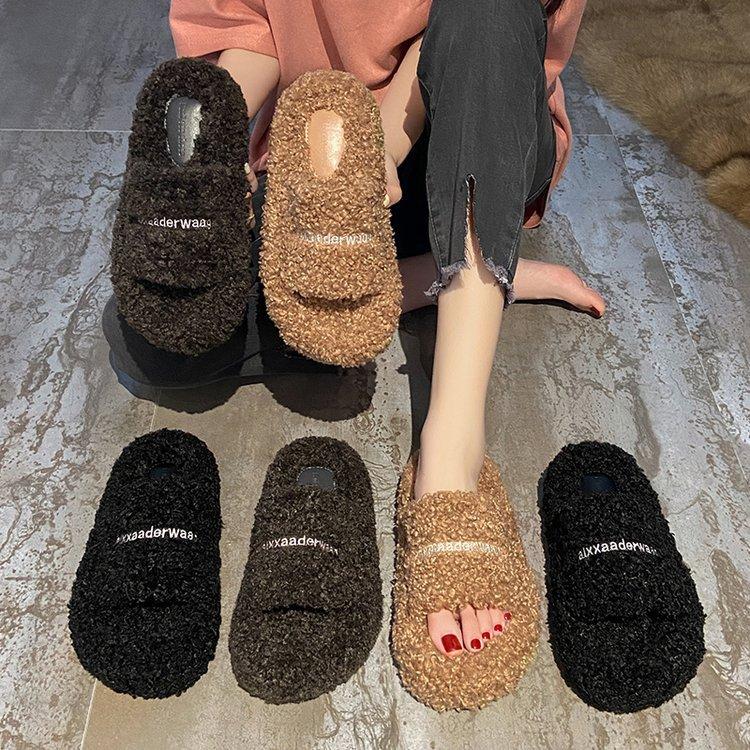 Internet celebrities thick-soled teddy curled wool shoes women's shoes wear new autumn and winter plush one-word cotton slippers