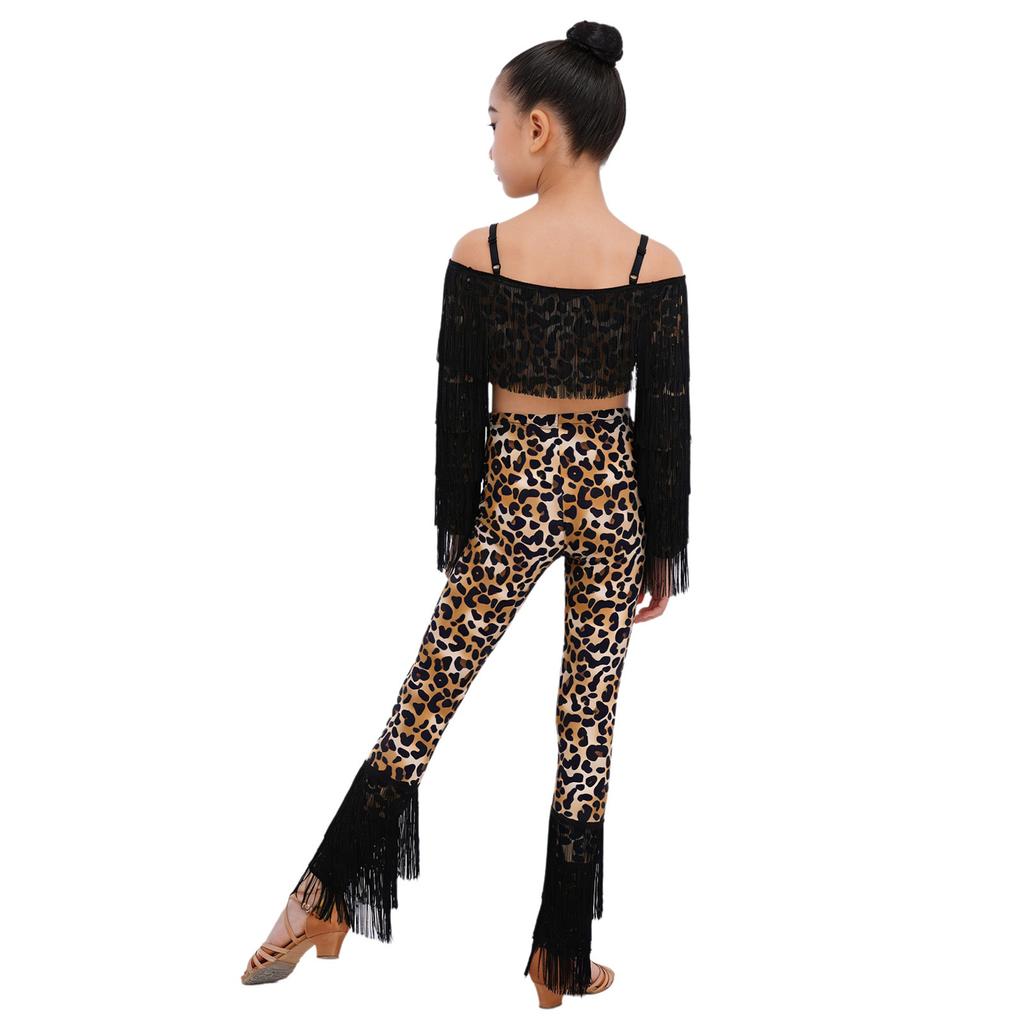 Mädchen Leopardenmuster Quasten Latein Tanz Outfit Langarm Crop Top Träger Verstellbare Hose