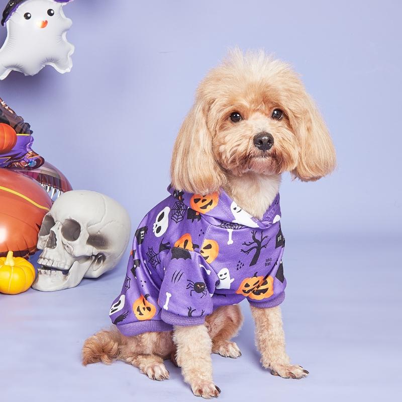 Halloween Pet Hoodie with Pumpkin, Bat & Skull Prints, Purple Hooded Sweatshirt Small Dog Costumes Pet Hoodies Warm Pet Clothes