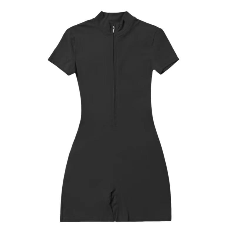 European Summer Zipper Short Sleeve Women's Yoga Bodysuit - Dance Fitness Jumpsuit