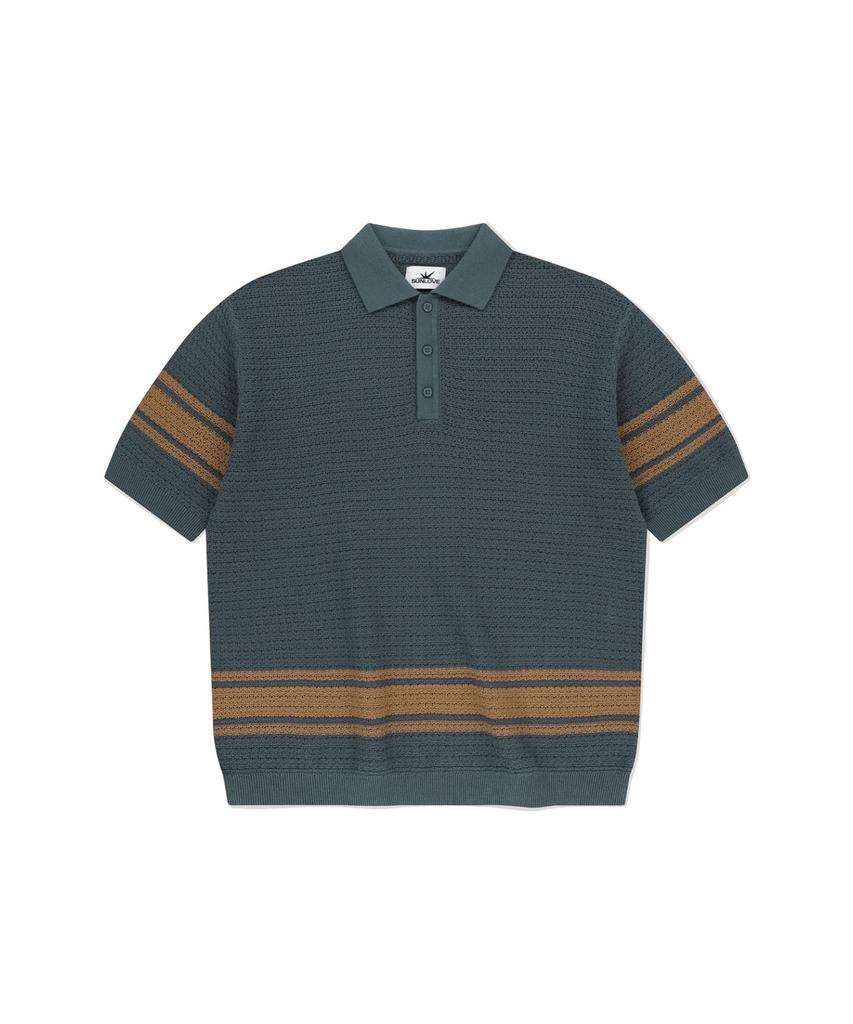 Sun Love Border Crochet Knit Polo Navy