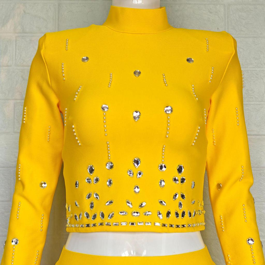 Chic French Socialite Rhinestone Bandage Top & Hip-Hugging Midi Mini Skirt Set