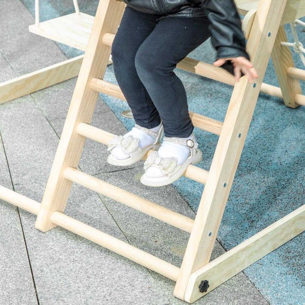 5-in-1 Indoor Climbing Frame with Slide, Swing, Climbing Net, Basketball Hoop, Foldable, 3-6 Years, Natural Wood