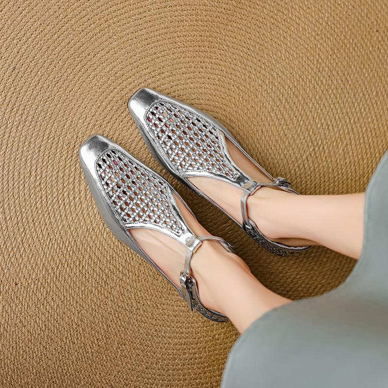 Fashion Women's New Leather Cowhide Spring Summer Hollow Breathable Woven Elastic Buckle Belt Low Heel Mary Jane Single Shoe