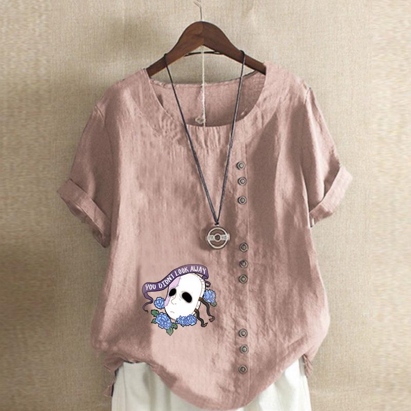 Women's Fashion Round Neck Short Sleeve T-shirt Casual Cotton Linen Graphic Shirt White Mask Prined Summer Blouse Tops Plus Size