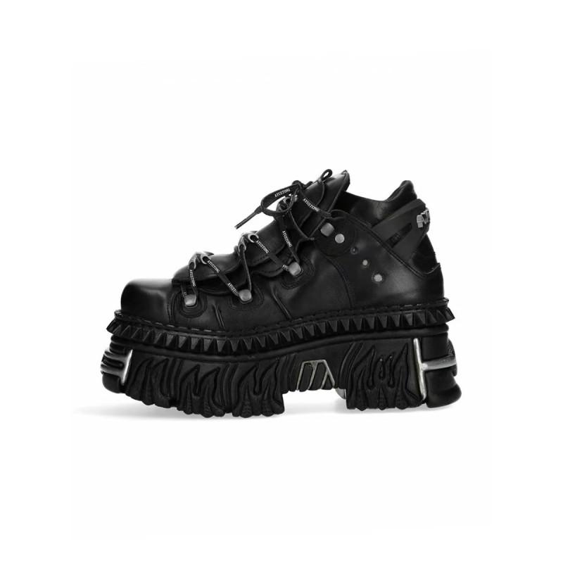 Womens Punk Chunky Sole Low-Cut Ankle Boots With Metal Accents Black Leatherette Platform Shoes
