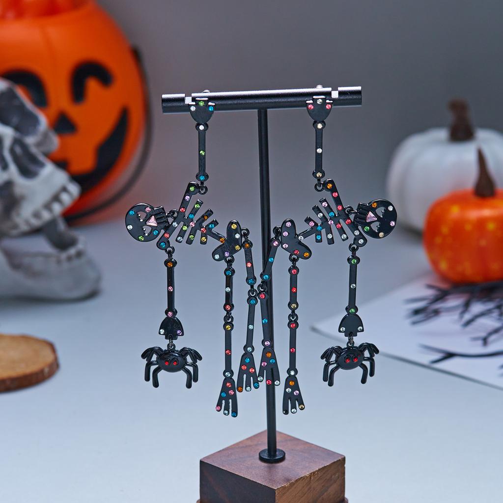 Unique Enamel Skeleton Dangle Earrings for Women Fashion Rhinestone Spider Earrings Halloween Party Jewelry Gift