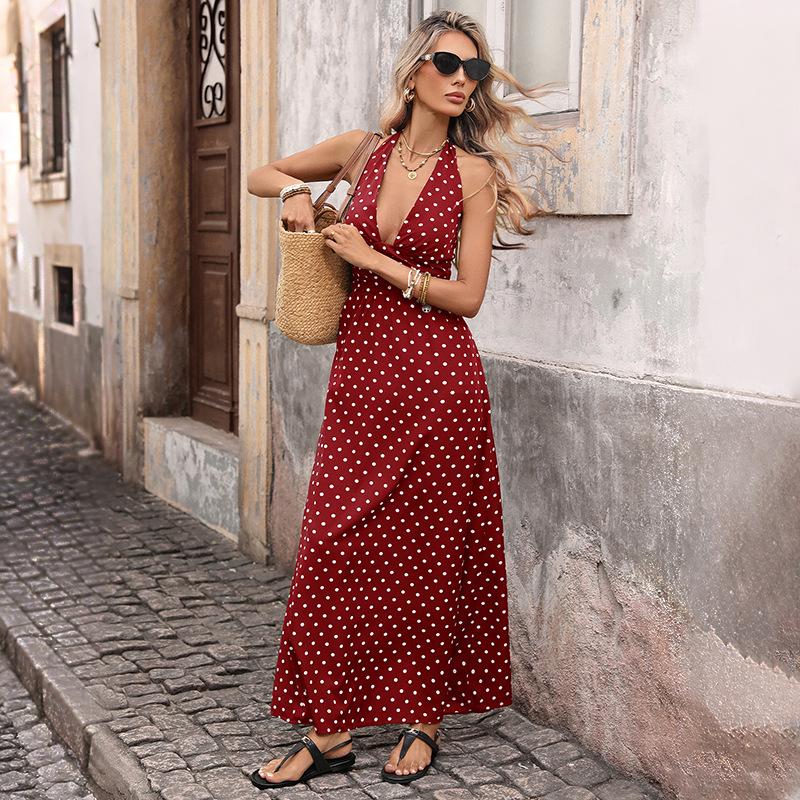 2026 Retro Style Halter V-Neck Polka Dot Vacation Dress