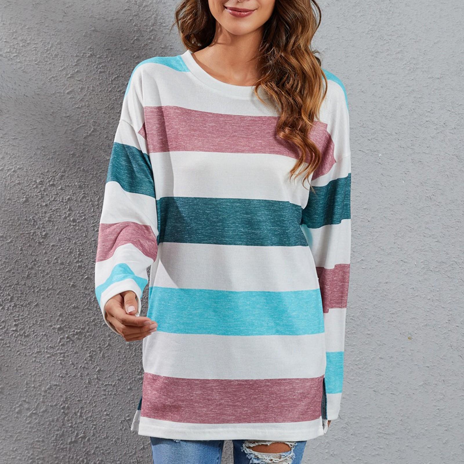 

Женская модная повседневная разноцветная полосатая плюшевая футболка с круглым вырезом и длинным рукавом S