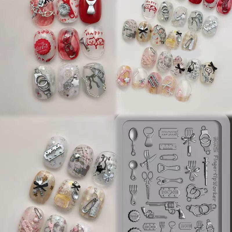 3D Nail Mold Silicone Tableware Handcuffs Funny Toys Resin Manicure Charms Molds For Diy Halloween Accessories Nail Parts Tools