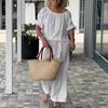 Summer Cotton Linen 2 Piece Outfits for Women Casual Short Sleeve Drawstring Crew Neck Top And Wide-Leg Pants Lounge Matching Set