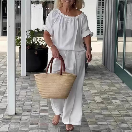 Summer Cotton Linen 2 Piece Outfits for Women Casual Short Sleeve Drawstring Crew Neck Top And Wide-Leg Pants Lounge Matching Set