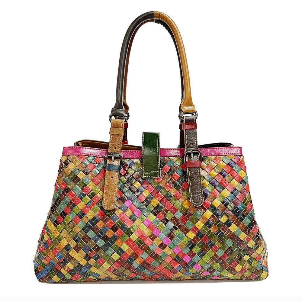 Women'S Bags Handwoven Genuine Leather Women'S Bags Colored Cowhide Handbags Shoulder Messenger Bags
